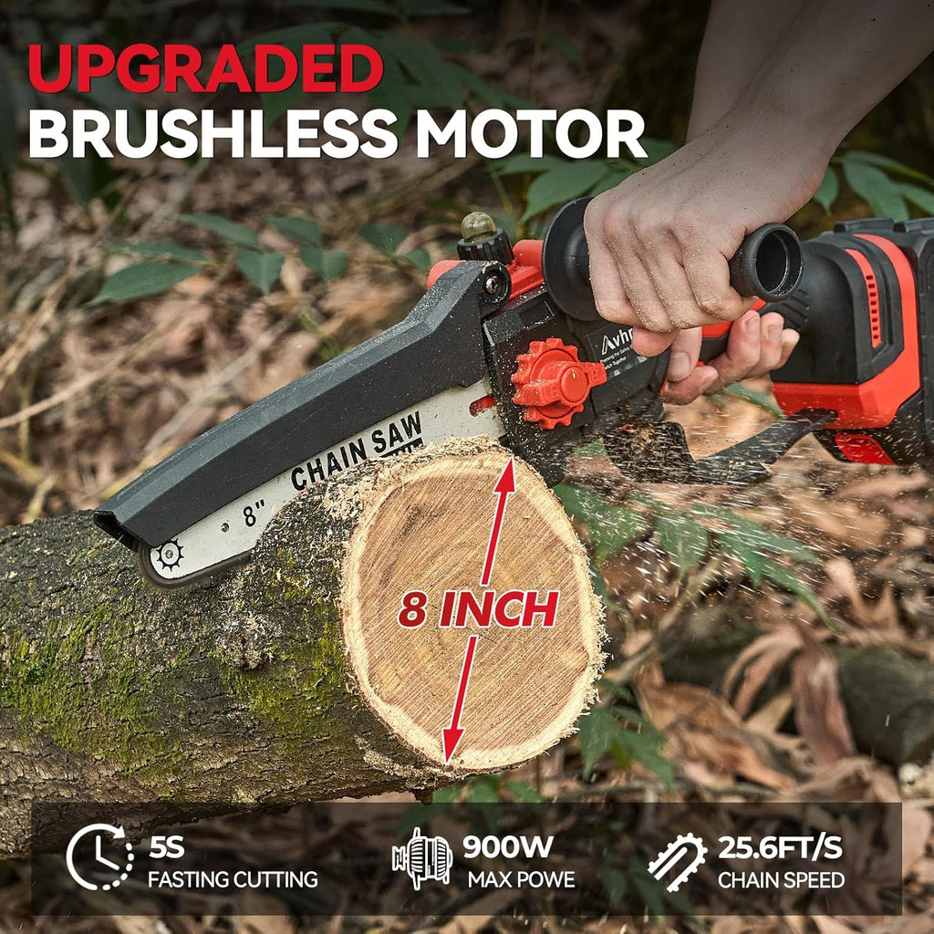 Avhrit Mini Trononneuse à Batterie, 8 Pouces, 8000 mAh Trononneuse lectrique Sans Fil Brushless avec 2 Batteries 4.0 Ah et Système de Lubrification, Idéale pour Branches, Cour et Jardin