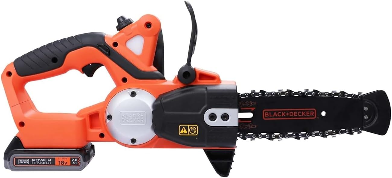 BLACK+DECKER - Trononneuse sans fil - 3,1 m/s - 2 Ah - réservoir de 25 ml - Double interrupteur - protection main gauche et frein de chaîne instantané - GKC1820L20-QW 