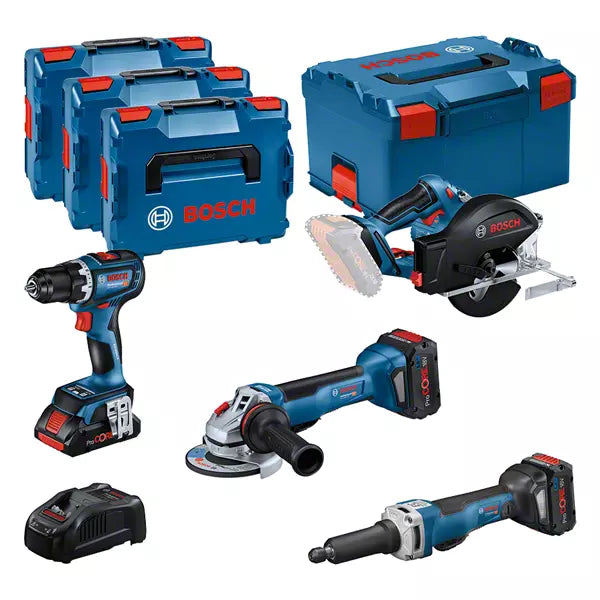 BOSCH COMBI-KIT 4 OUTILS 18V : GSR 18V-90C + GWS 18V-15 PSC + GKM 18V-50 + GGS 18V-23 PLC + 1 BATTERIE 4,0 AH (PROCORE) + 2 BATTERIES 5,5 AH (PROCORE) + GAL 1880CV (L) PROFESSIONAL