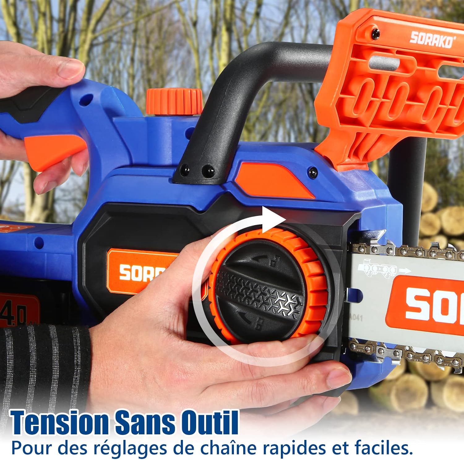 SORAKO Trononneuse Sans Fil 4.0Ah 18V, Tronconneuse a Batterie 25,4cm, Tendeur de Chaine Sans Outil (Comprend une batterie Li-Ion, chargeur rapide) Pour Couper du Bois Arbres Haies