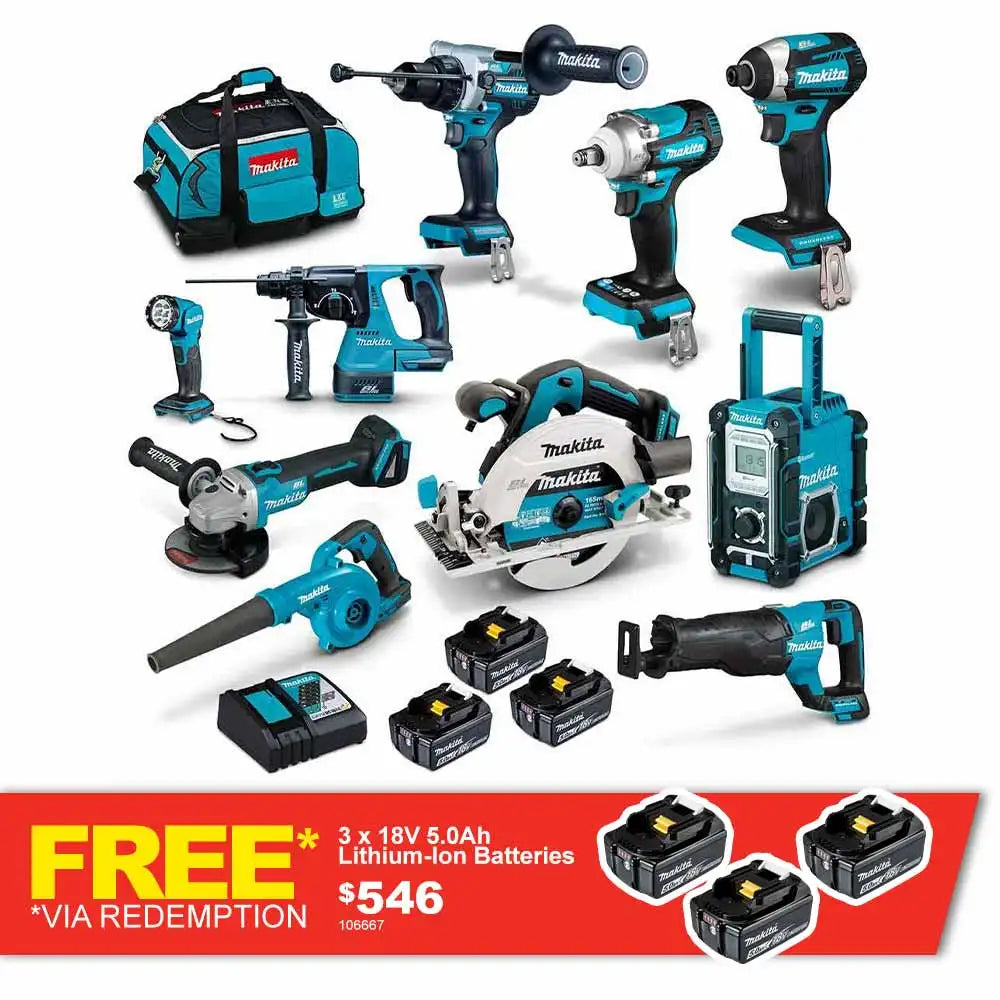 KIT COMBO MAKITA 18 V SANS BALAIS 10 PIÈCES 3 X 5,0 AH DLX1042TX1 