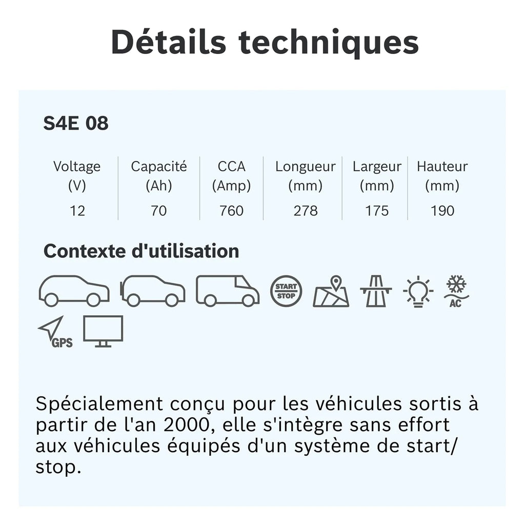 Bosch S4 E08 Batterie Auto 70 A/h - 760 A - Batterie 12 V, EFB Plomb-acide pour Véhicules avec Système Start/Stop, Polarité Gauche (-) Droite (+), 278 x 175 x 190 mm