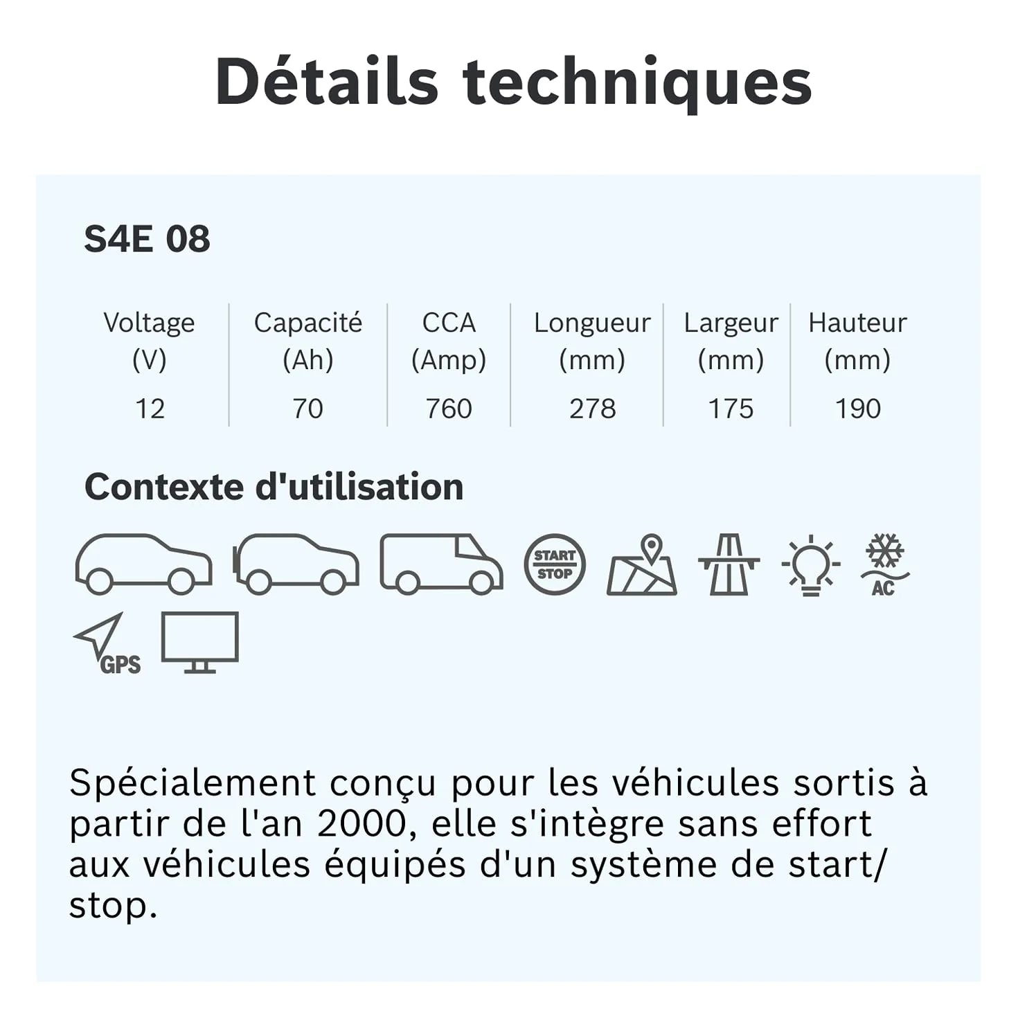 Bosch S4 E08 Batterie Auto 70 A/h - 760 A - Batterie 12 V, EFB Plomb-acide pour Véhicules avec Système Start/Stop, Polarité Gauche (-) Droite (+), 278 x 175 x 190 mm