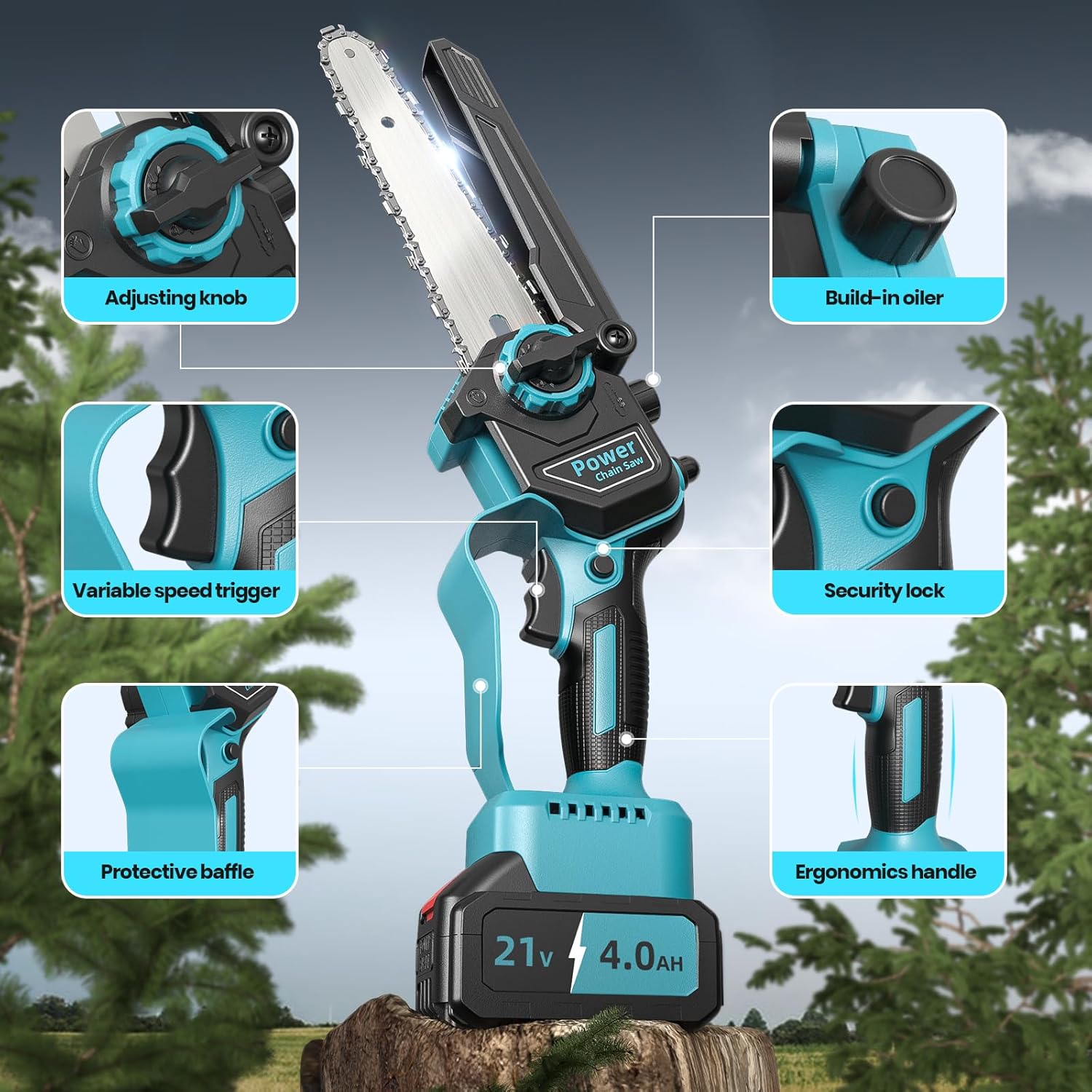 Mini Tronconneuse a Batterie 8000mAh, 6 Pouces 1000W Tronconneuse Electrique Sans Fil Brushless avec Graisseur Automatique, 4 Chanes, Elagueuse Batterie, Petite Trononneuse pour l'élagage le Jardin