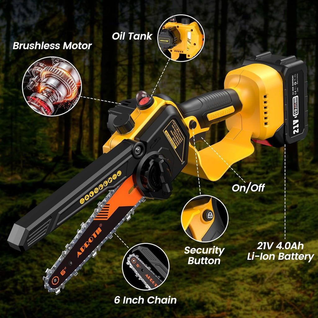 APROTII Mini Trononneuse à Batterie 8000mAh, 900W Brushless Scie à Batterie pour l'lagage, Tension de Chane Sans Outils, Trononneuse lectrique à Batterie pour la Coupe du Bois et Jardinage