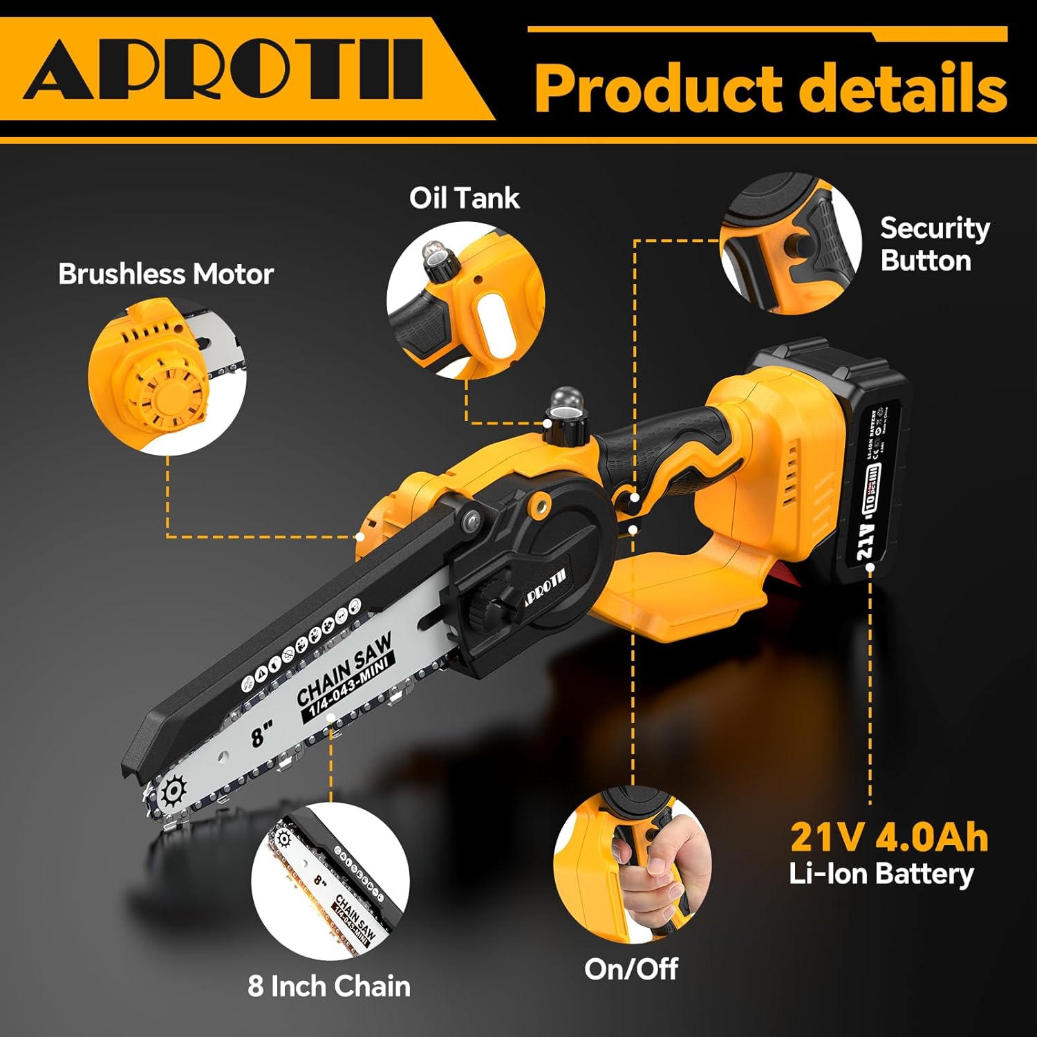 APROTII Mini Trononneuse à Batterie 8000mAh, 900W Brushless Scie à Batterie pour l'lagage, Tension de Chane Sans Outils, Trononneuse lectrique à Batterie pour la Coupe du Bois et Jardinage