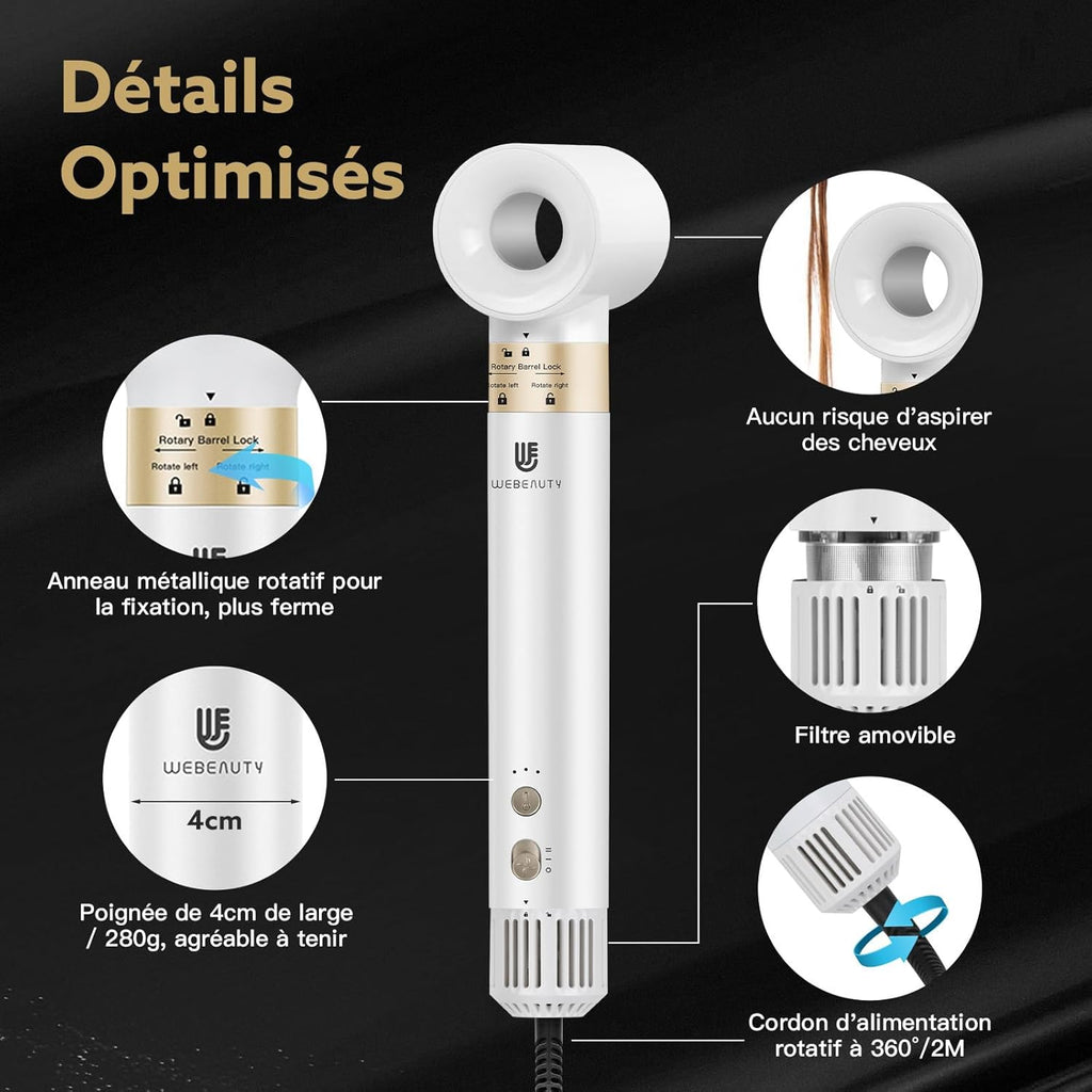 [5 in 1]webeauty Air Styler, 110000 TR/MIN, 20M/S Seche Cheveux 200 Million Ion Négatif Brosse Soufflante, Brosse Chauffante Brushing Volume, Brosse Ronde Chauffante, Air Fer a Boucler Automatique