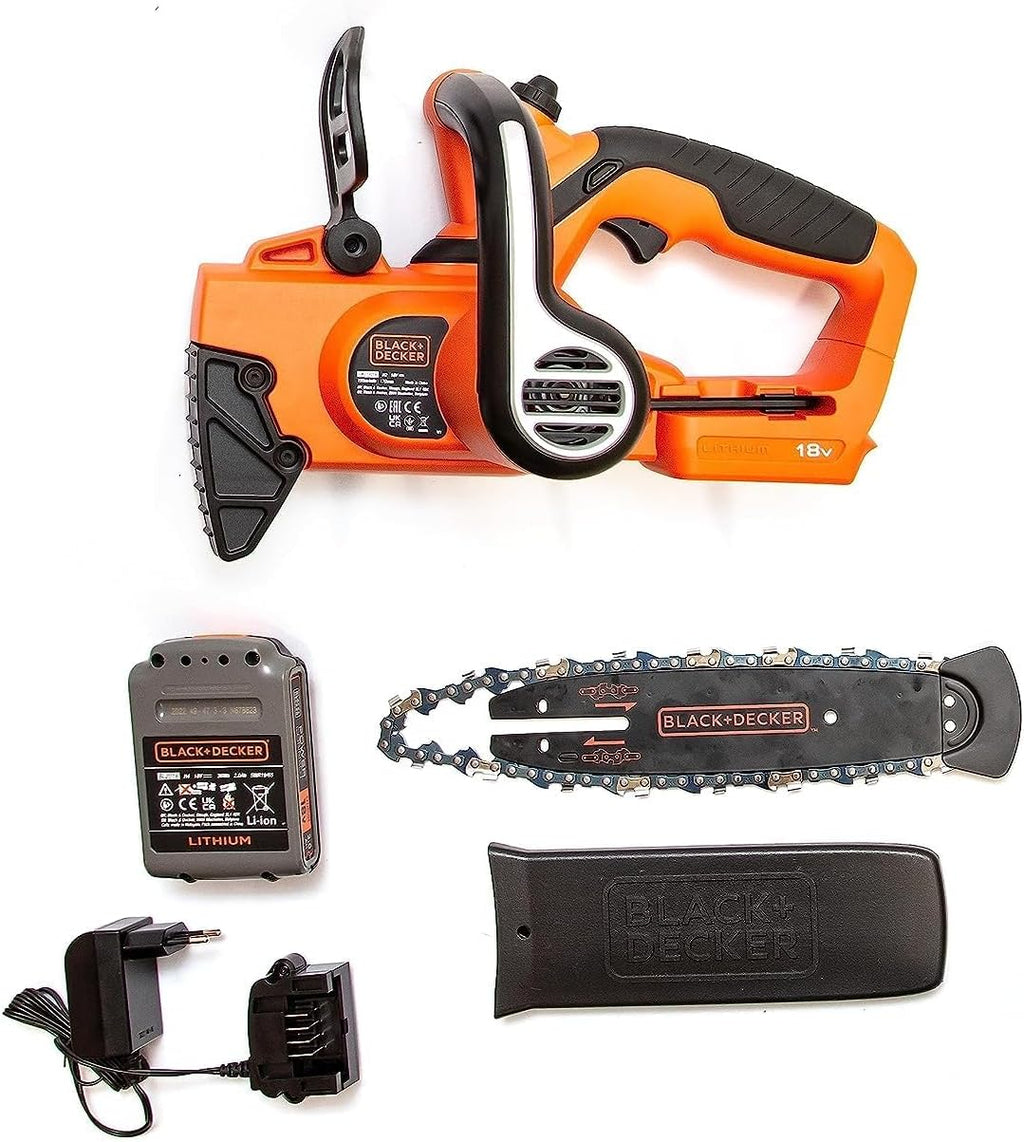 BLACK+DECKER Trononneuse Sans Fil 18 V 25 cm avec Batterie Li-Ion 2 Ah et Chargeur - Scie à Chane avec Lubrification Semi-Automatique - Tendeur de Chaine Sans Outil GKC1825L20-QW