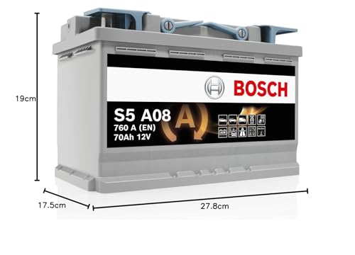 Bosch S5 A08 Batterie Auto 70 A/h - 760 A - Batterie 12 V, AGM Plomb-acide pour Véhicules avec Système Start/Stop, (-) (+), 278 x 175 x 190 mm - Pour Véhicules avec Récupération d'Énergie au Freinage