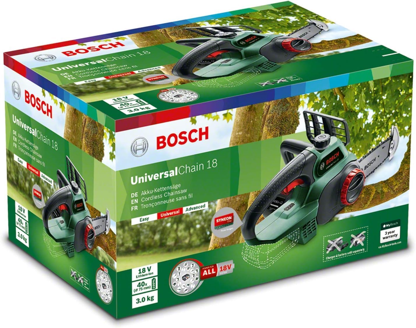 Bosch Home and Garden Trononneuse sans fil - UniversalChain 18 (Livrée sans batterie ni chargeur, avec huile 80 ml, système 18V, longueur de guide: 20cm) 06008B8001 Vert