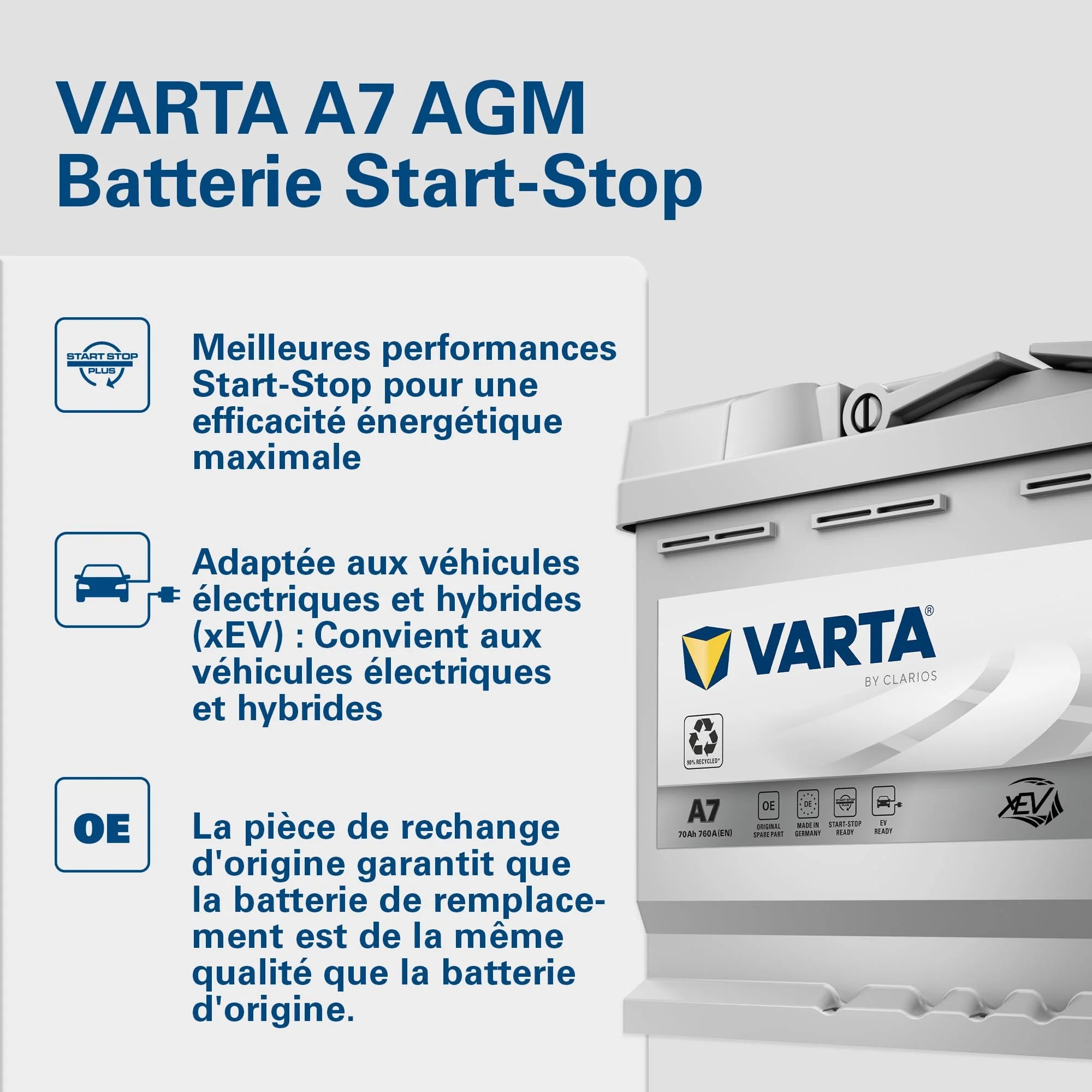 Batterie de démarrage XEV Varta Silver Dynamic AGM L3 A7 12V 70Ah / 760A 570901076