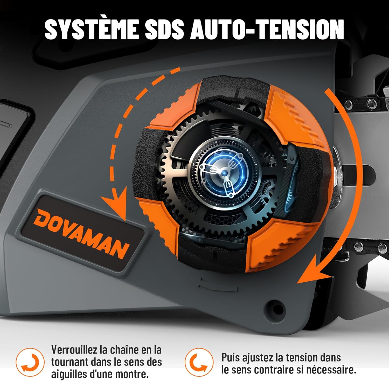 DOVAMAN Trononneuse lectrique 2400W, avec Système de Tension Automatique SDS, 40cm Guide et Chane Oregon, 15m/s Vitesse de Chane, Lubrification Automatique, Frein Mécanique, 2 Chanes - DCS01A