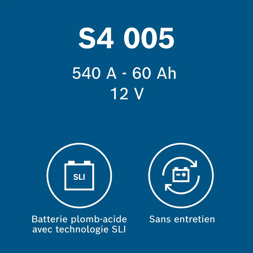Bosch S4 005 Batterie Auto 60 A/h - 540 A - Batterie 12 V, Plomb-acide pour Véhicules sans Système Start/Stop, Polarité Gauche (-) Droite (+), 242 x 175 x 190 mm