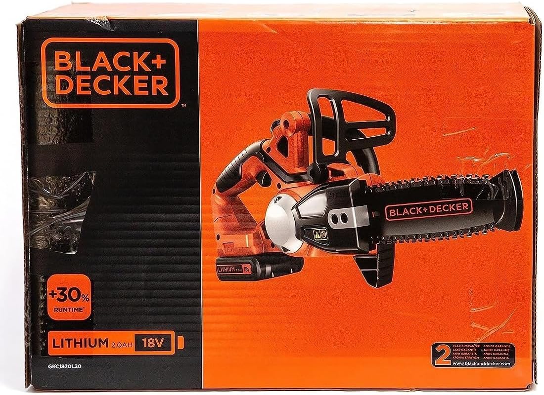 BLACK+DECKER Trononneuse Sans Fil 18 V 25 cm avec Batterie Li-Ion 2 Ah et Chargeur - Scie à Chane avec Lubrification Semi-Automatique - Tendeur de Chaine Sans Outil GKC1825L20-QW