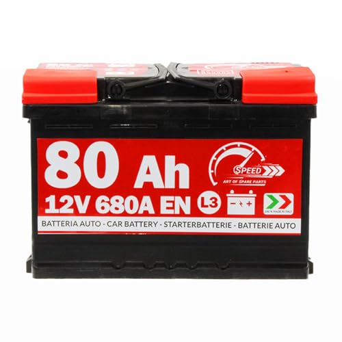 Speed ​​Batterie de démarrage pour voiture, d'origine Speed ​​L3, 12 V 80 Ah 680 A, pôle positif à droite (278 x 190 x 175 mm)