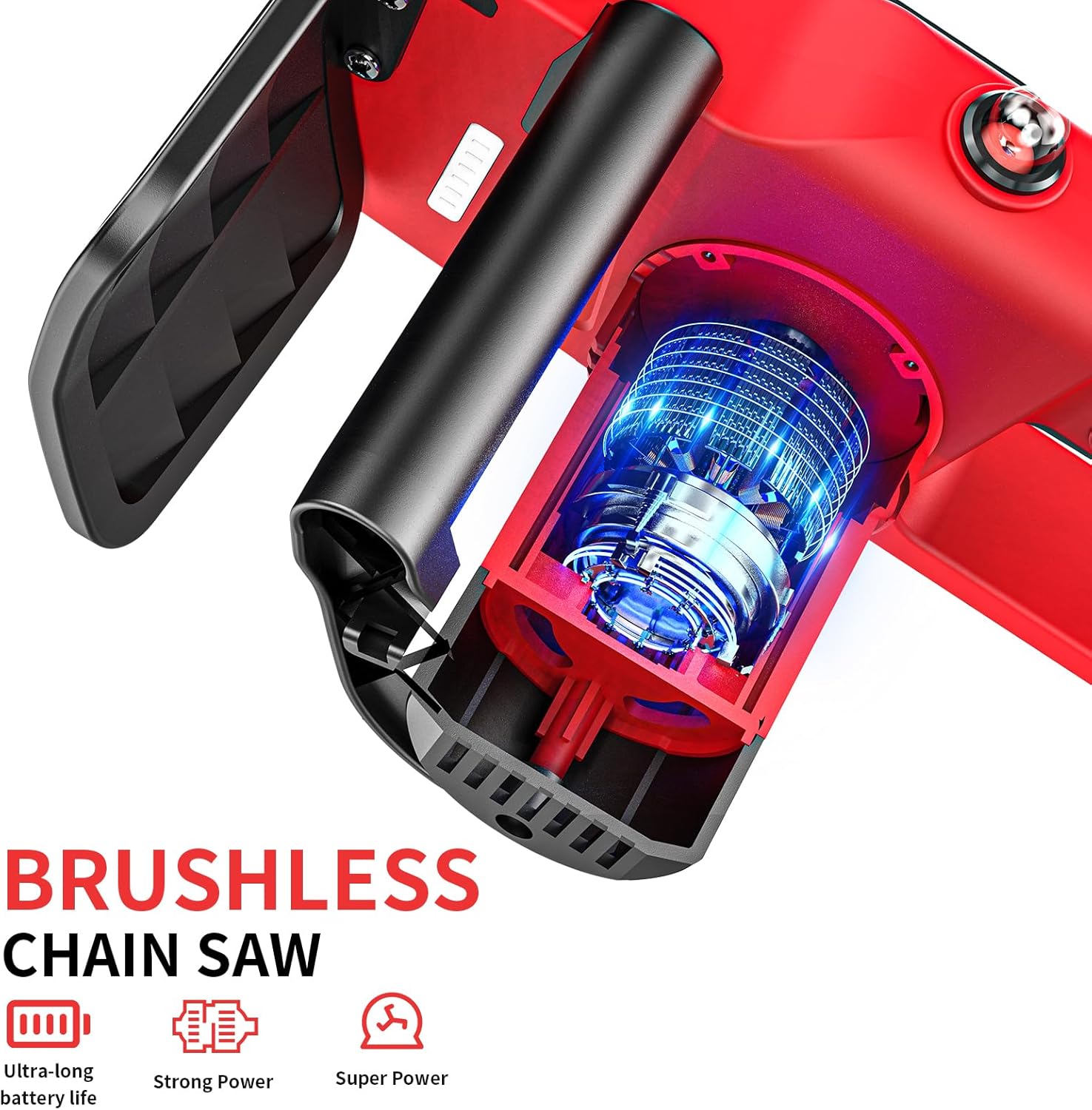 Brushless Trononneuse avec batterie 3000mAh * 2, 12 pouces scie à chane électrique sans fil, scie à chane électrique à une main, scie à chane manuelle sans fil avec verrouillage de sécurité