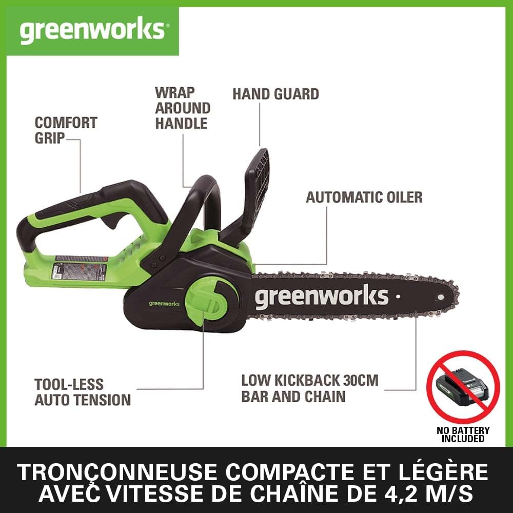 Greenworks G40CS30II Trononneuse à Batterie, Longueur Guide-Chane 12-Pouces (30 cm), Vitesse 4,2 m/s, 2,6 kg, Graisseur Automatique, SANS Batterie 40V Ni Chargeur, Garantie 3 Ans
