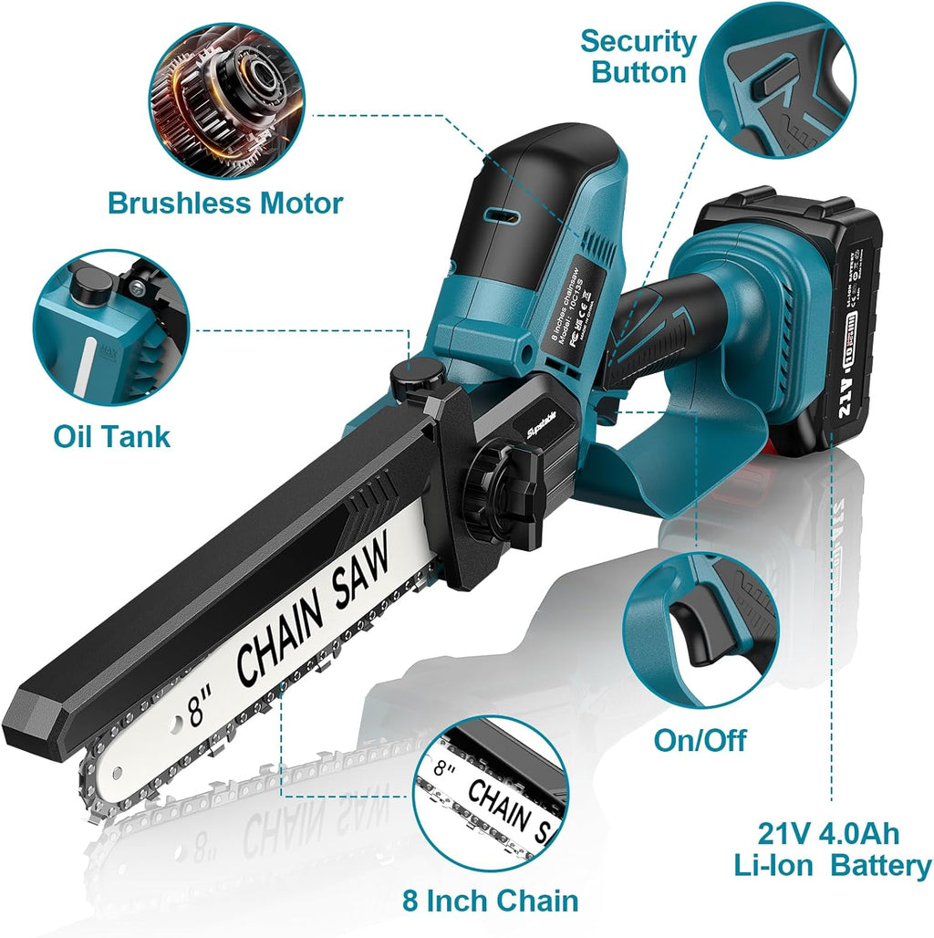 Supstable Mini Trononneuse à Batterie 6 et 8 Pouces, 8000mAh Trononneuse lectrique 900W Sans Fil, D'huile Automatique & Tension de Chane Sans Outil, Compatible avec Makita 18V