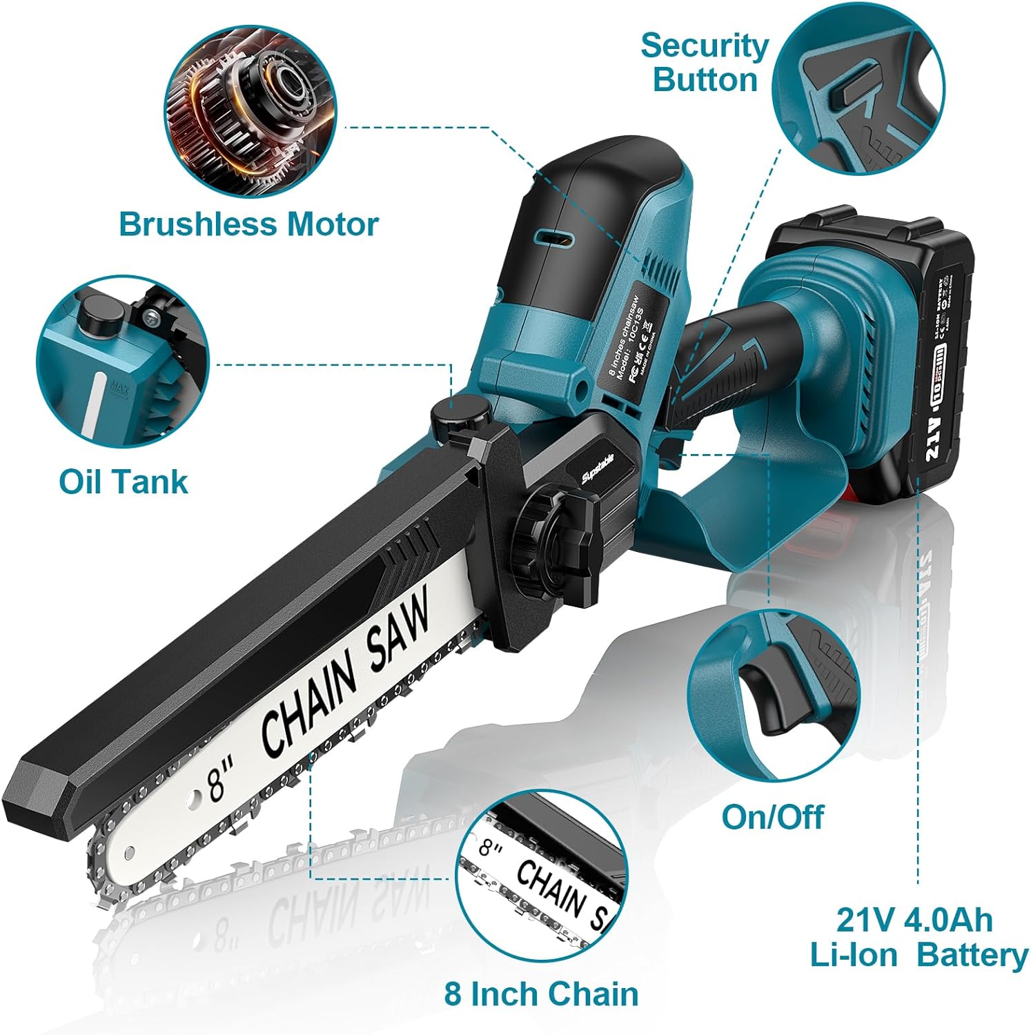 Supstable Mini Trononneuse à Batterie 6 et 8 Pouces, 8000mAh Trononneuse lectrique 900W Sans Fil, D'huile Automatique & Tension de Chane Sans Outil, Compatible avec Makita 18V