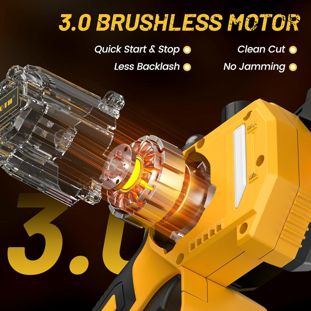 APROTII Mini Trononneuse à Batterie 8000mAh, 900W Brushless Scie à Batterie pour l'lagage, Tension de Chane Sans Outils, Trononneuse lectrique à Batterie pour la Coupe du Bois et Jardinage