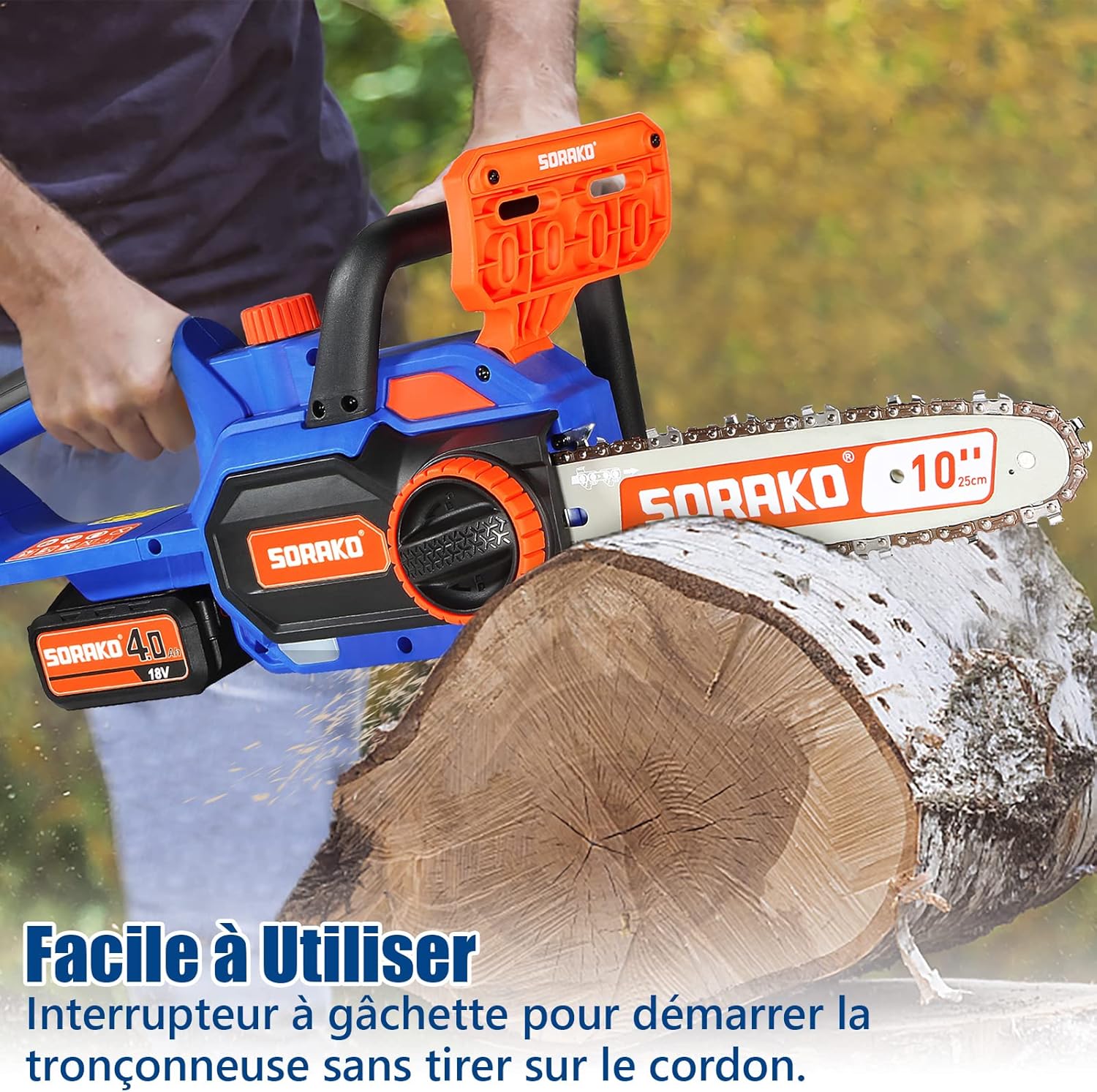 SORAKO Trononneuse Sans Fil 4.0Ah 18V, Tronconneuse a Batterie 25,4cm, Tendeur de Chaine Sans Outil (Comprend une batterie Li-Ion, chargeur rapide) Pour Couper du Bois Arbres Haies