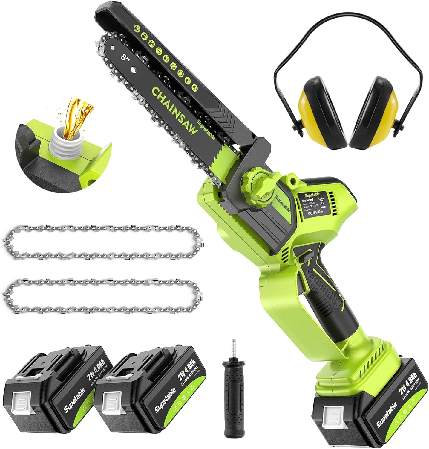 Supstable Mini Trononneuse à Batterie 6 et 8 Pouces, 8000mAh Trononneuse lectrique 900W Sans Fil, D'huile Automatique & Tension de Chane Sans Outil, Compatible avec Makita 18V