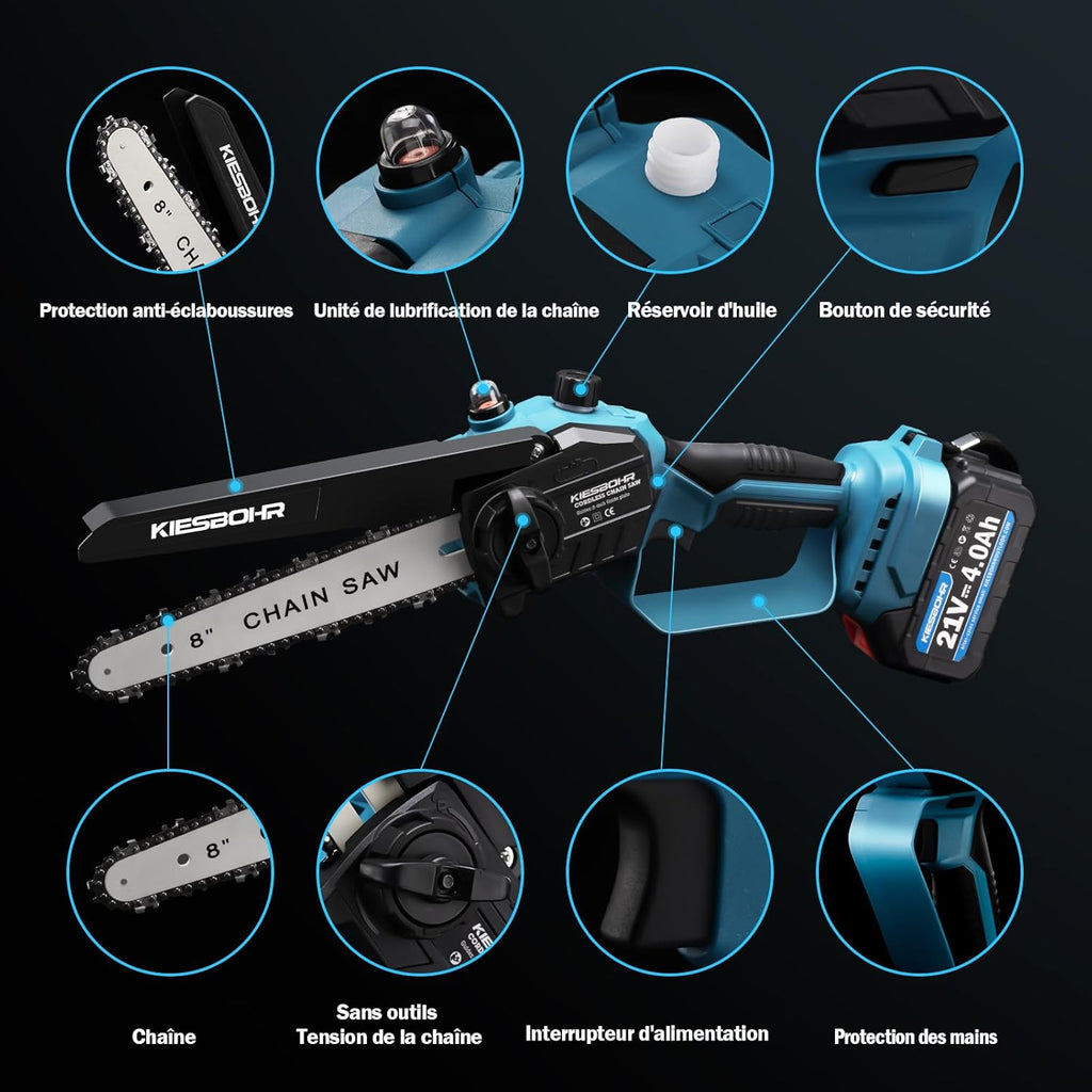 KIESBOHR Trononneuse sans balais 6 pouces avec lubrification améliorée de la chane, compatible avec la batterie Makita 18V（sans batterie ni chargeur）
