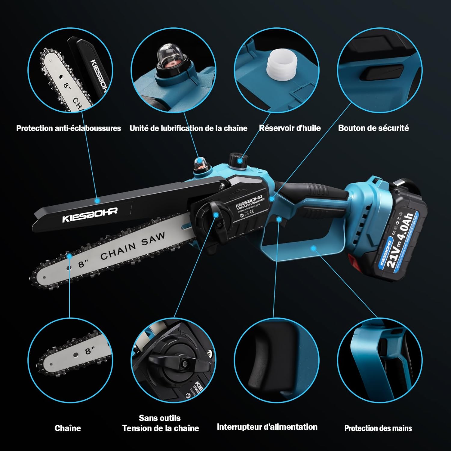 KIESBOHR Trononneuse sans balais 6 pouces avec lubrification améliorée de la chane, compatible avec la batterie Makita 18V（sans batterie ni chargeur）