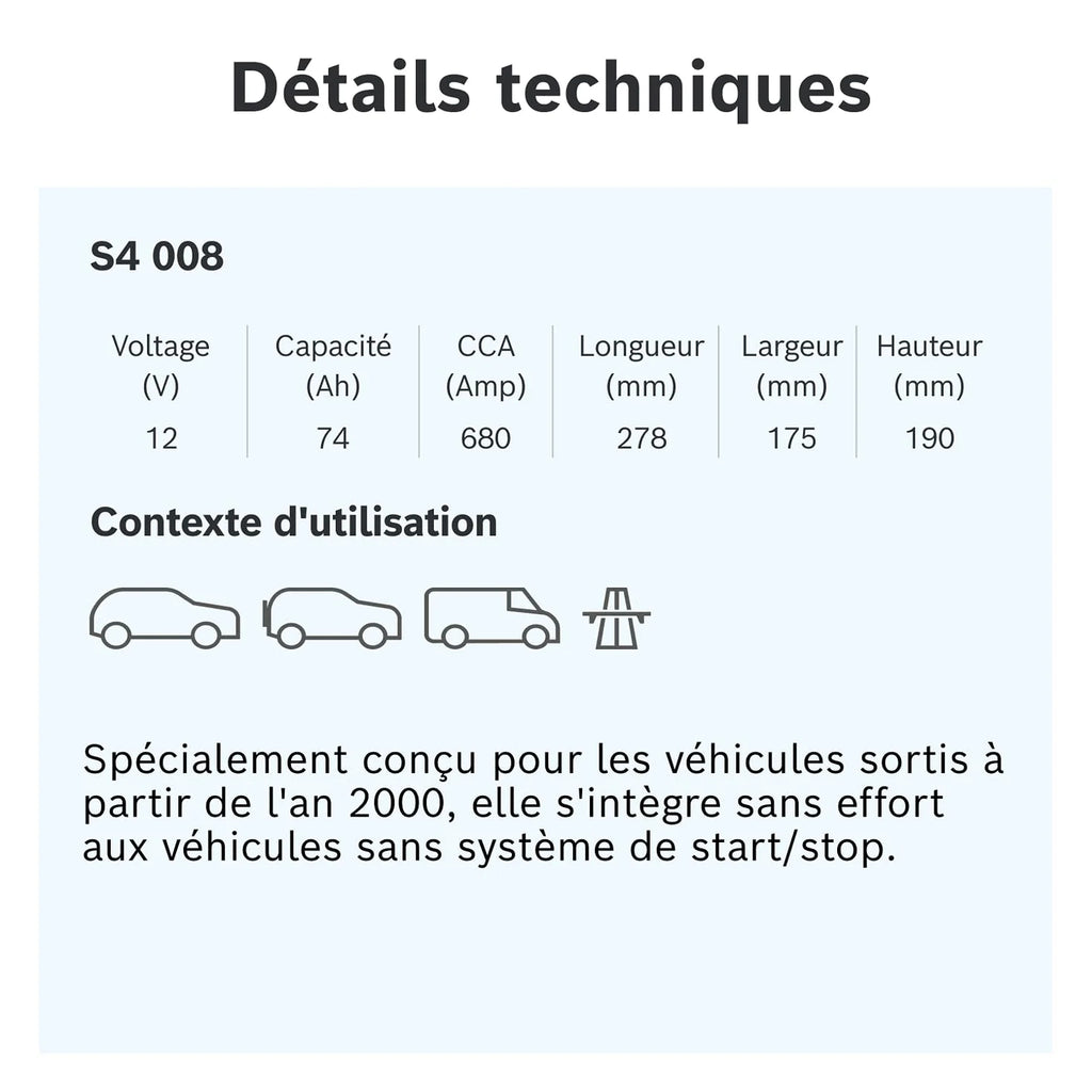 Bosch S4 008 Batterie Auto 74 A/h - 680 A - Batterie 12 V, Plomb-acide pour Véhicules sans Système Start/Stop, Polarité Gauche (-) Droite (+), 278 x 175 x 190 mm