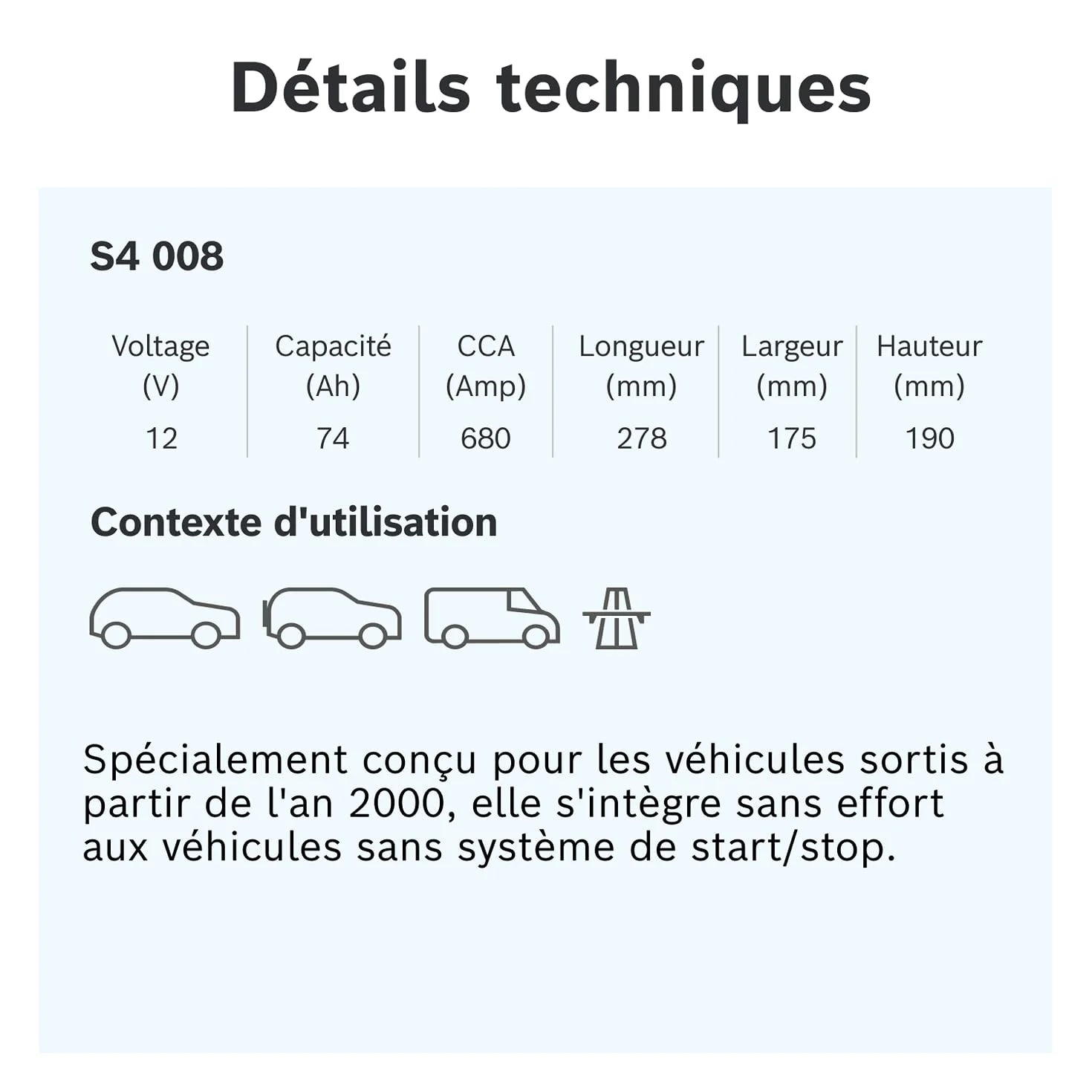 Bosch S4 008 Batterie Auto 74 A/h - 680 A - Batterie 12 V, Plomb-acide pour Véhicules sans Système Start/Stop, Polarité Gauche (-) Droite (+), 278 x 175 x 190 mm