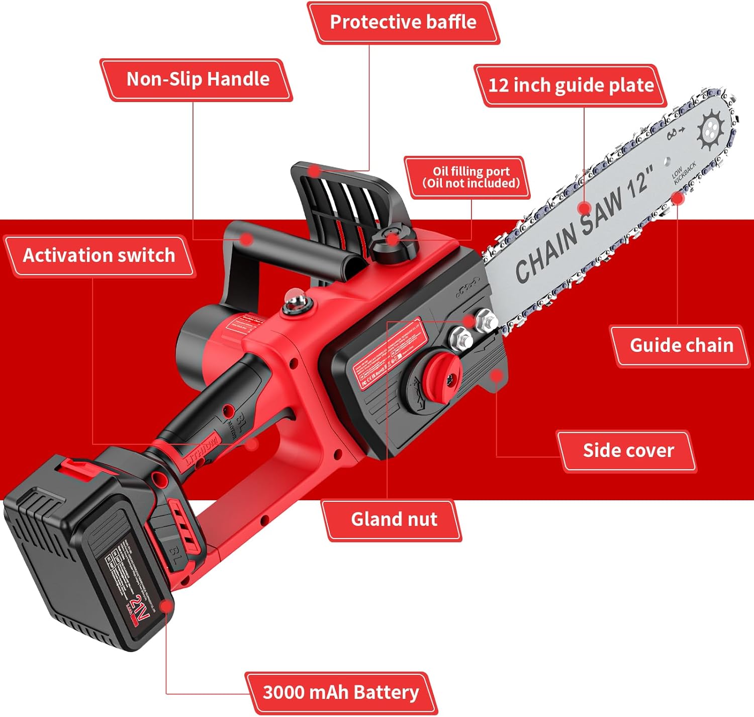 Brushless Trononneuse avec batterie 3000mAh * 2, 12 pouces scie à chane électrique sans fil, scie à chane électrique à une main, scie à chane manuelle sans fil avec verrouillage de sécurité