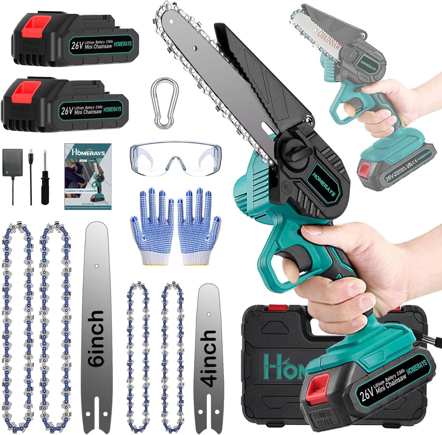Mini Trononneuse a Batterie 4000mAh, 8 &amp; 6 Pouces Lubrificateur Automatique et électrique Trononneuse 2 * 2000mAh brushless Elagueur, Pour La Coupe Du Bois, Branches, L'élagage, La Cour, Jardin