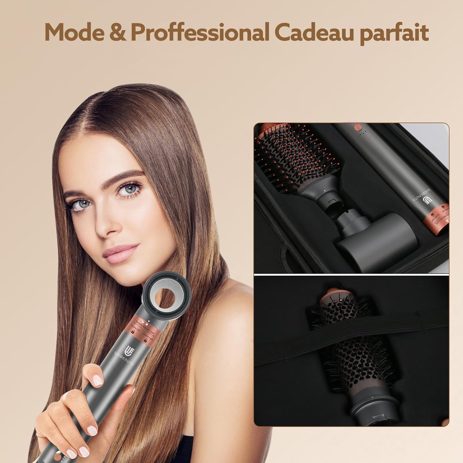 [5 in 1]webeauty Air Styler, 110000 TR/MIN, 20M/S Seche Cheveux 200 Million Ion Négatif Brosse Soufflante, Brosse Chauffante Brushing Volume, Brosse Ronde Chauffante, Air Fer a Boucler Automatique