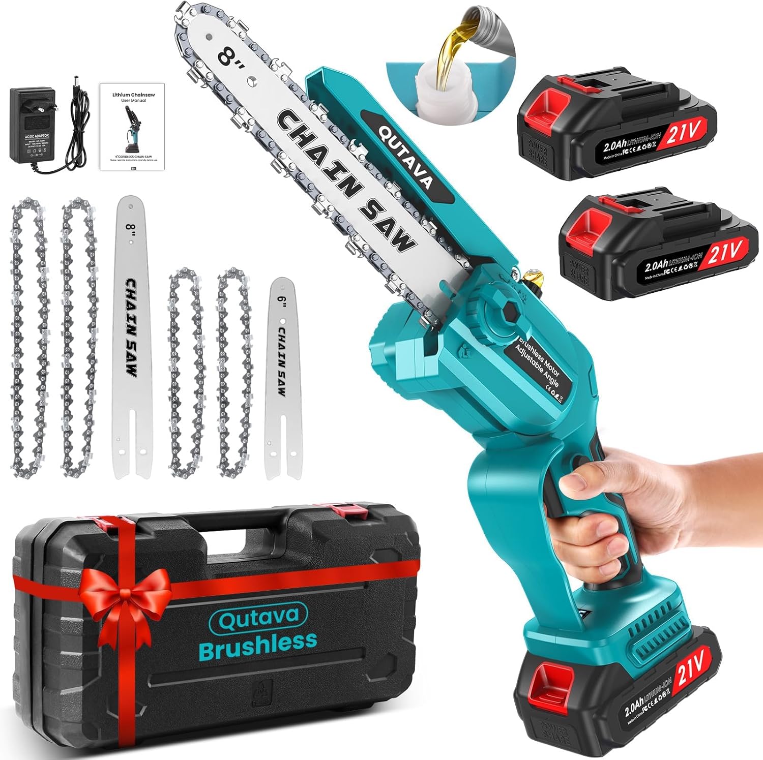 6+8 Mini Tronconneuse a Batterie Sans Balais Avec Graisseur, Angle Réglable, Trononneuse lectrique Compacte Et Puissante De 1000 w Avec Batterie De 4000(2x2000) mAh, équipée de 4 chanes