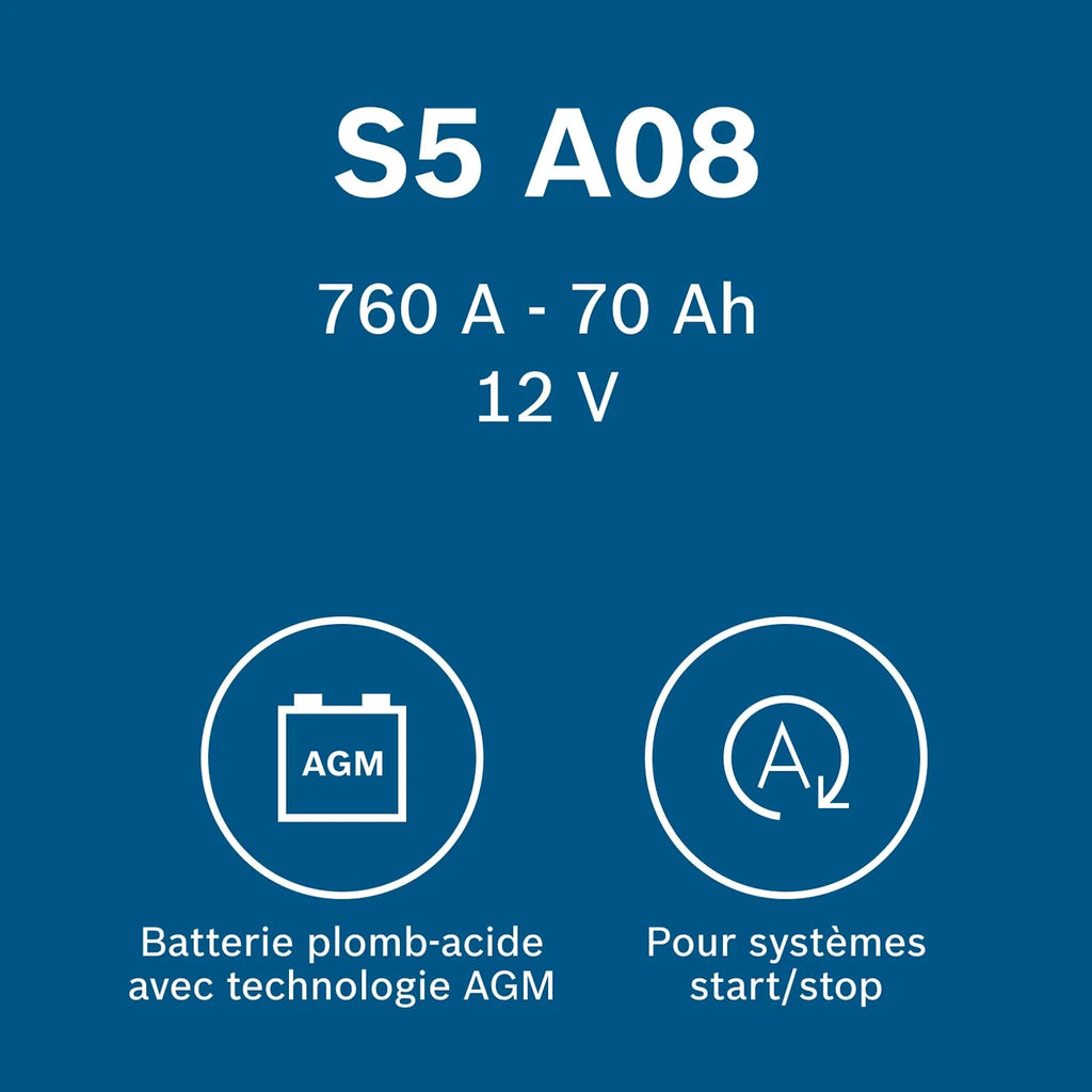 Bosch S5 A08 Batterie Auto 70 A/h - 760 A - Batterie 12 V, AGM Plomb-acide pour Véhicules avec Système Start/Stop, (-) (+), 278 x 175 x 190 mm - Pour Véhicules avec Récupération d'Énergie au Freinage