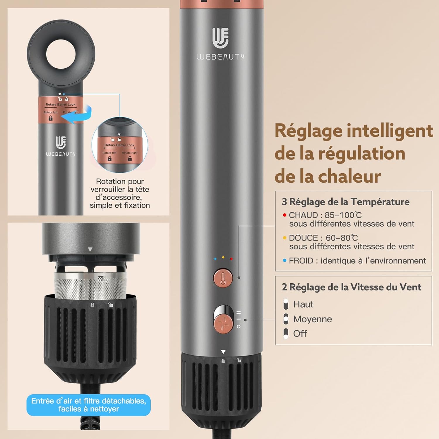 [5 in 1]webeauty Air Styler, 110000 TR/MIN, 20M/S Seche Cheveux 200 Million Ion Négatif Brosse Soufflante, Brosse Chauffante Brushing Volume, Brosse Ronde Chauffante, Air Fer a Boucler Automatique