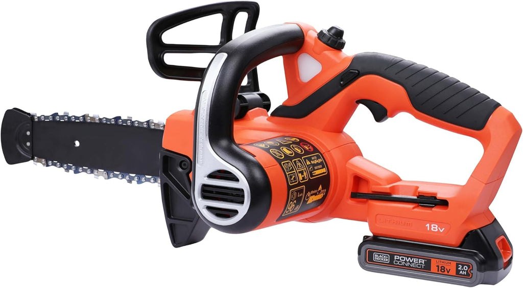 BLACK+DECKER - Trononneuse sans fil - 3,1 m/s - 2 Ah - réservoir de 25 ml - Double interrupteur - protection main gauche et frein de chaîne instantané - GKC1820L20-QW 