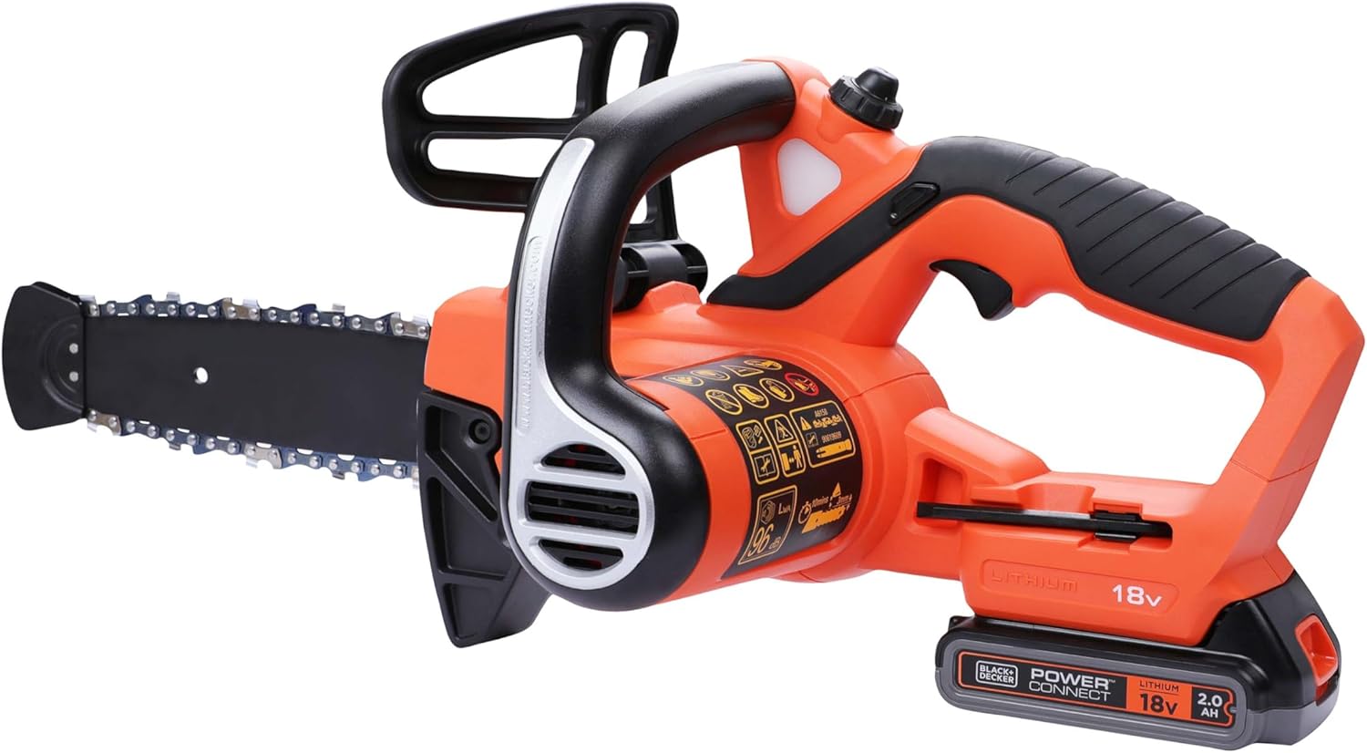 BLACK+DECKER - Trononneuse sans fil - 3,1 m/s - 2 Ah - réservoir de 25 ml - Double interrupteur - protection main gauche et frein de chaîne instantané - GKC1820L20-QW 