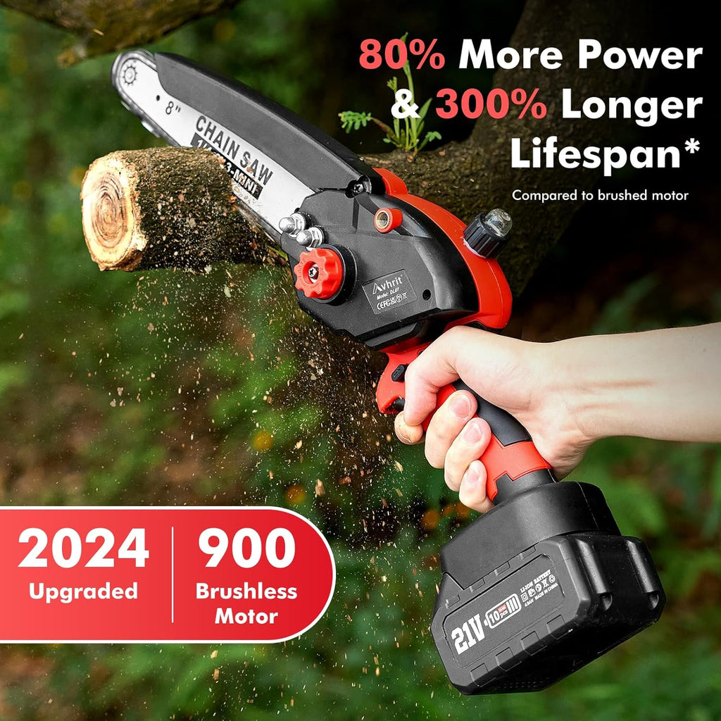 Avhrit Mini Trononneuse à Batterie, 8 Pouces, 8000 mAh Trononneuse lectrique Sans Fil Brushless avec 2 Batteries 4.0 Ah et Système de Lubrification, Idéale pour Branches, Cour et Jardin