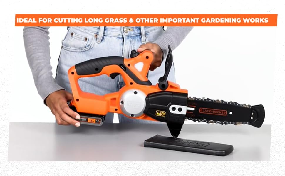 BLACK+DECKER - Trononneuse sans fil - 3,1 m/s - 2 Ah - réservoir de 25 ml - Double interrupteur - protection main gauche et frein de chaîne instantané - GKC1820L20-QW 