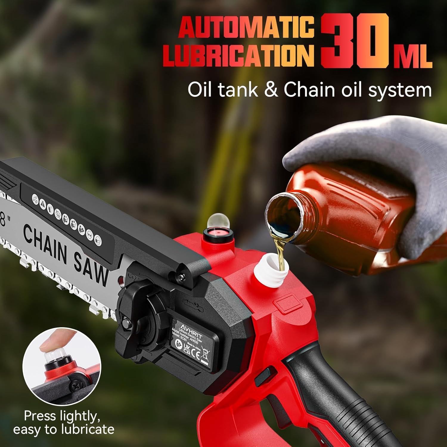 Avhrit Mini Trononneuse à Batterie, 8 Pouces, 8000 mAh Trononneuse lectrique Sans Fil Brushless avec 2 Batteries 4.0 Ah et Système de Lubrification, Idéale pour Branches, Cour et Jardin