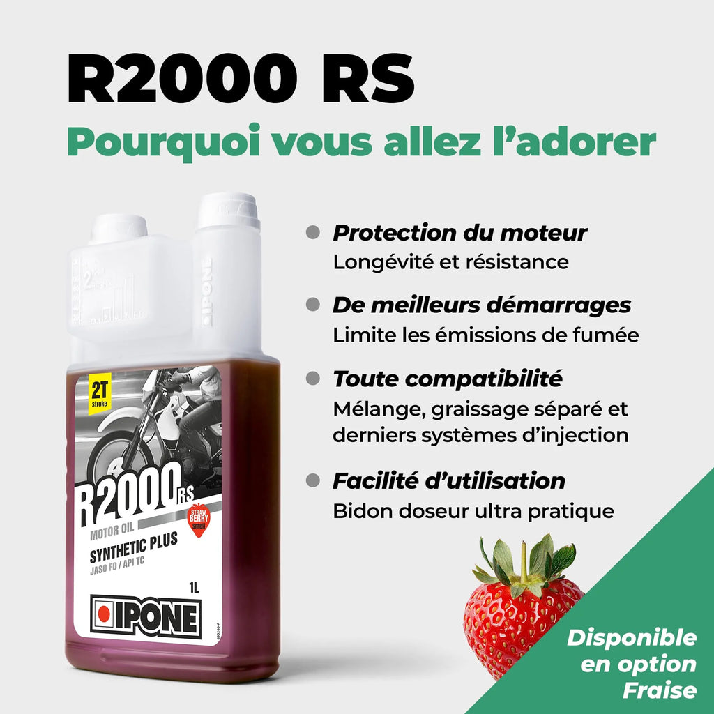 IPONE – Huile Moteur Moto 2 Temps R2000 RS - Usage Urbain - Semi-Synthétique – Compatible Mélange et Injection - Meilleurs démarrages - Réductions des Emissions de Fumée - 4L