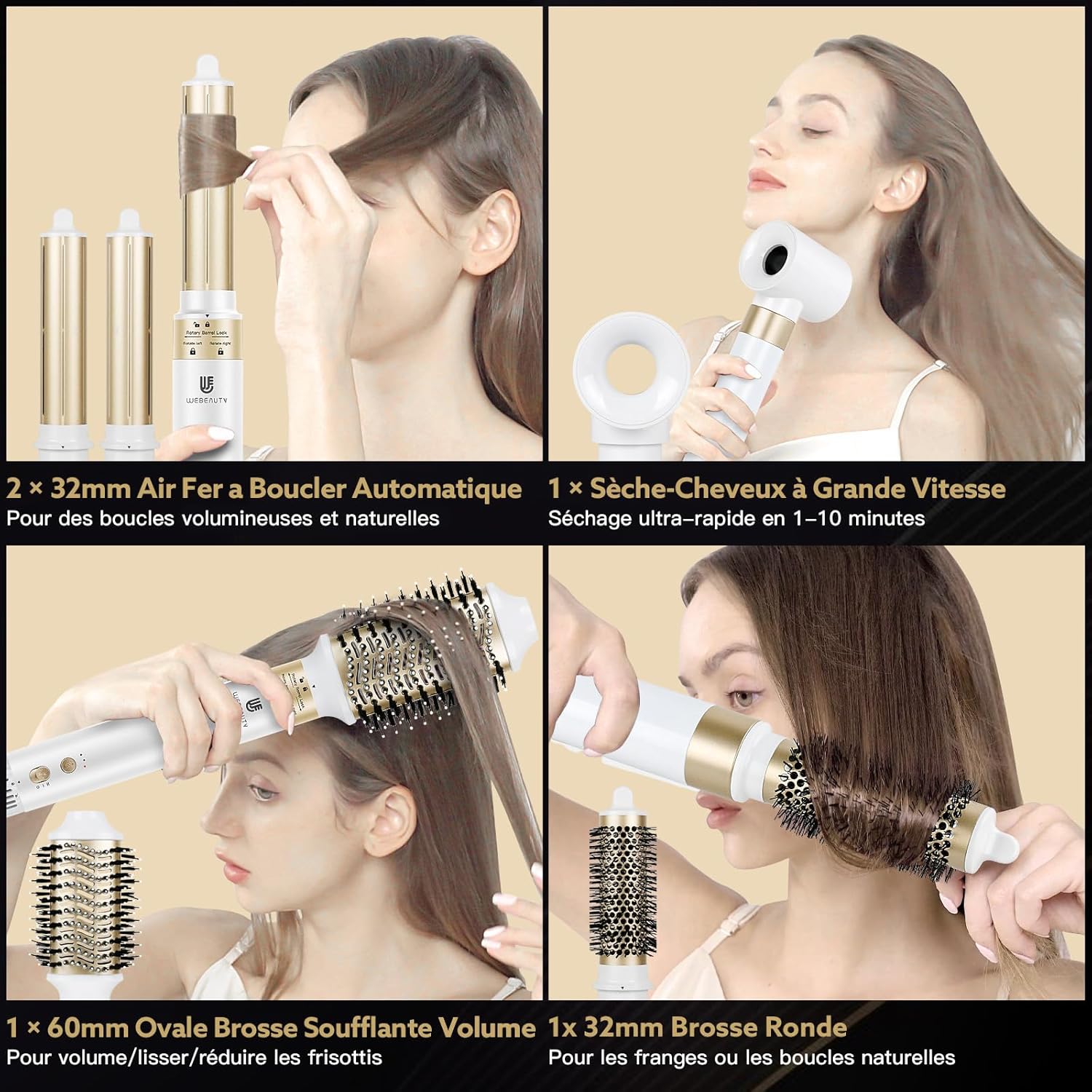 [5 in 1]webeauty Air Styler, 110000 TR/MIN, 20M/S Seche Cheveux 200 Million Ion Négatif Brosse Soufflante, Brosse Chauffante Brushing Volume, Brosse Ronde Chauffante, Air Fer a Boucler Automatique