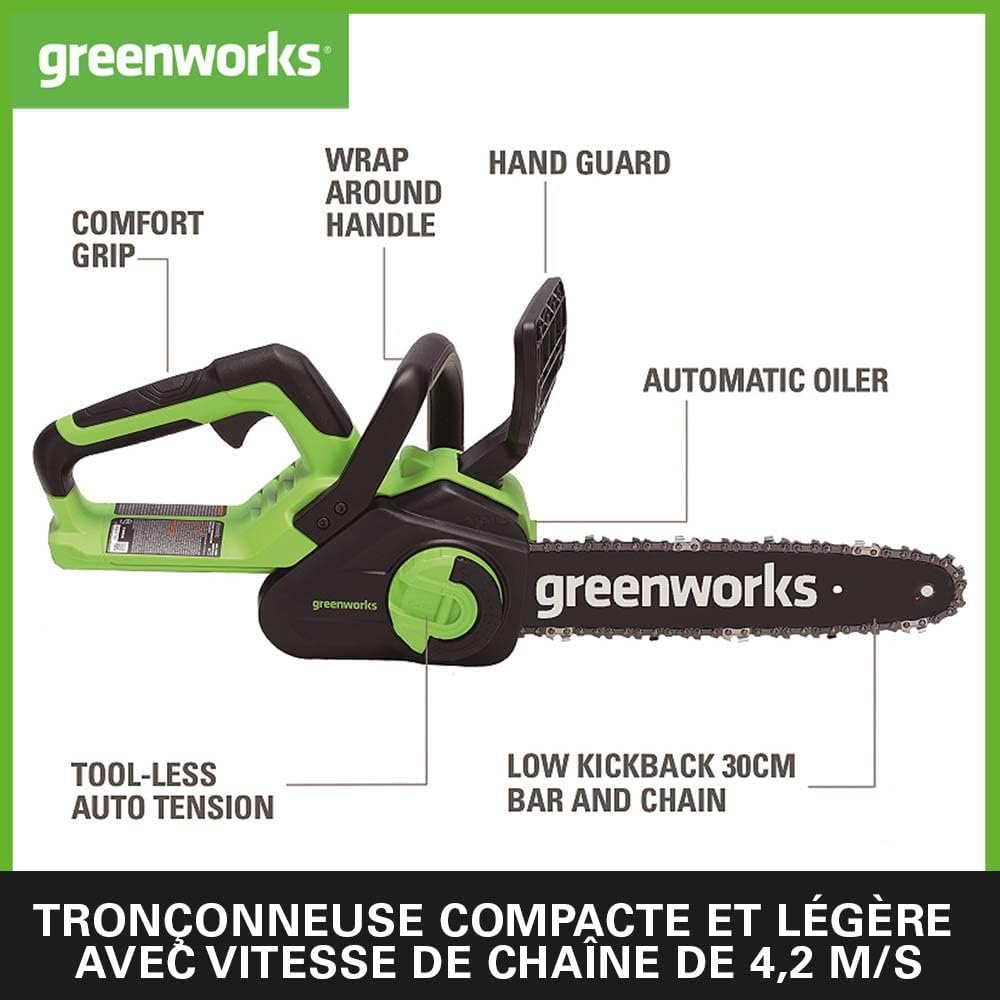 Greenworks G40CS30II Trononneuse à Batterie, Longueur Guide-Chane 12-Pouces (30 cm), Vitesse 4,2 m/s, 2,6 kg, Graisseur Automatique, SANS Batterie 40V Ni Chargeur, Garantie 3 Ans