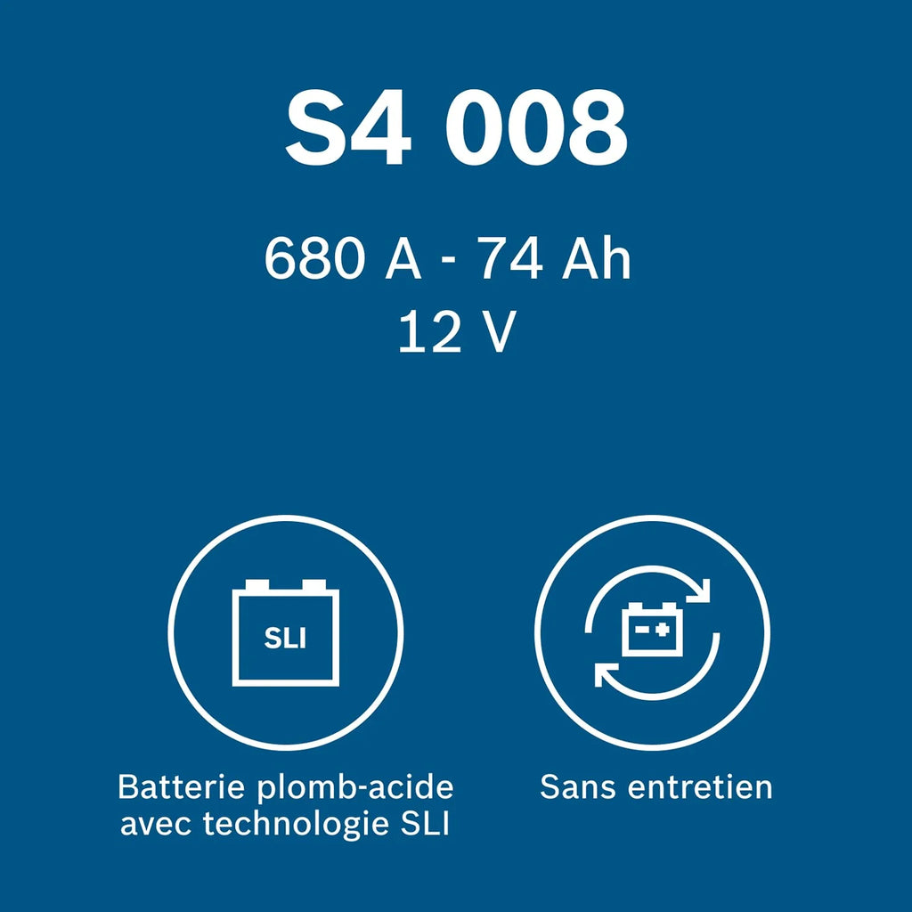 Bosch S4 008 Batterie Auto 74 A/h - 680 A - Batterie 12 V, Plomb-acide pour Véhicules sans Système Start/Stop, Polarité Gauche (-) Droite (+), 278 x 175 x 190 mm