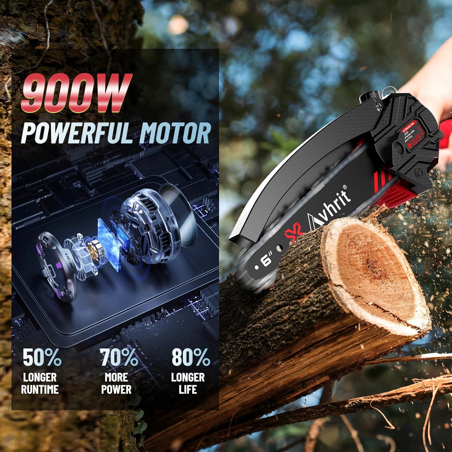 Avhrit Mini Trononneuse à Batterie, 8 Pouces, 8000 mAh Trononneuse lectrique Sans Fil Brushless avec 2 Batteries 4.0 Ah et Système de Lubrification, Idéale pour Branches, Cour et Jardin