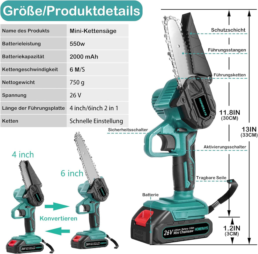 Mini Trononneuse a Batterie 4000mAh, 8 &amp; 6 Pouces Lubrificateur Automatique et électrique Trononneuse 2 * 2000mAh brushless Elagueur, Pour La Coupe Du Bois, Branches, L'élagage, La Cour, Jardin