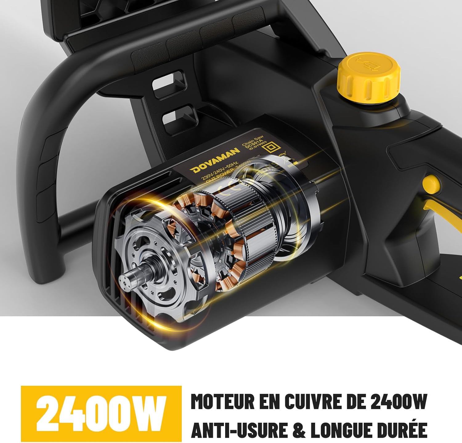 DOVAMAN Trononneuse lectrique 2400W, avec Système de Tension Automatique SDS, 40cm Guide et Chane Oregon, 15m/s Vitesse de Chane, Lubrification Automatique, Frein Mécanique, 2 Chanes - DCS01A
