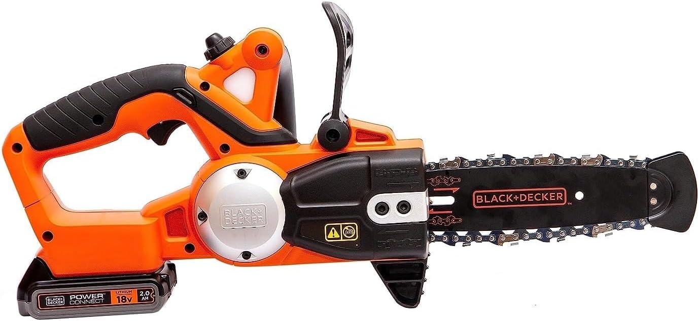 BLACK+DECKER Trononneuse Sans Fil 18 V 25 cm avec Batterie Li-Ion 2 Ah et Chargeur - Scie à Chane avec Lubrification Semi-Automatique - Tendeur de Chaine Sans Outil GKC1825L20-QW
