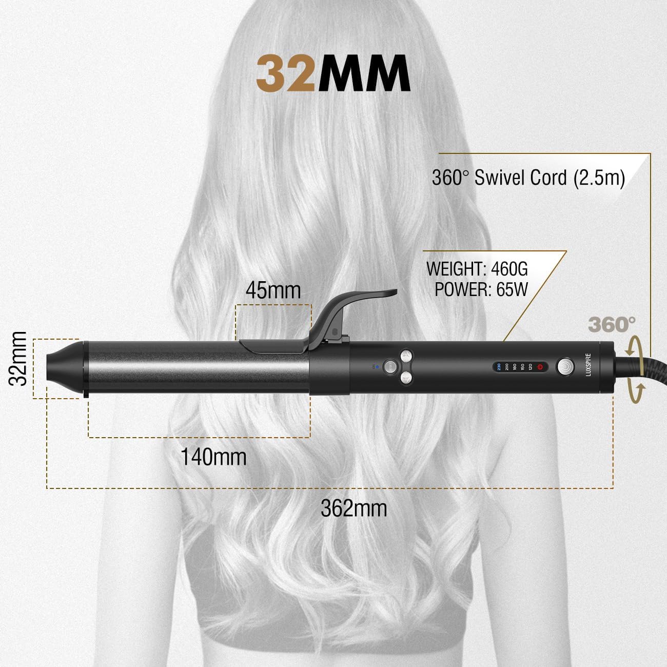 Luxspire Boucleur a Cheveux Automatique, 32mm Fer à Boucler Rotation à 360° Boucleur Automatique Revêtement en Nano Titane 120-230 TempératuresRéglable Fer à Friser pour Cheveux Longs et Moyens, Noir